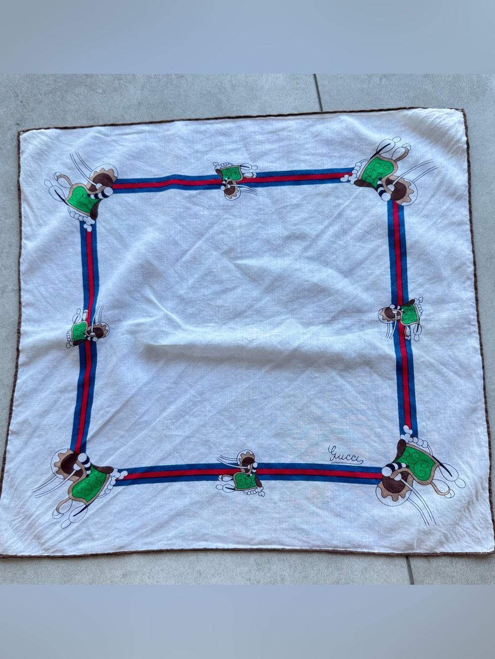 Gucci VTG Scarf with Green Dog Motifs and Red-Blue Web Stripe Logo 100% Cotton